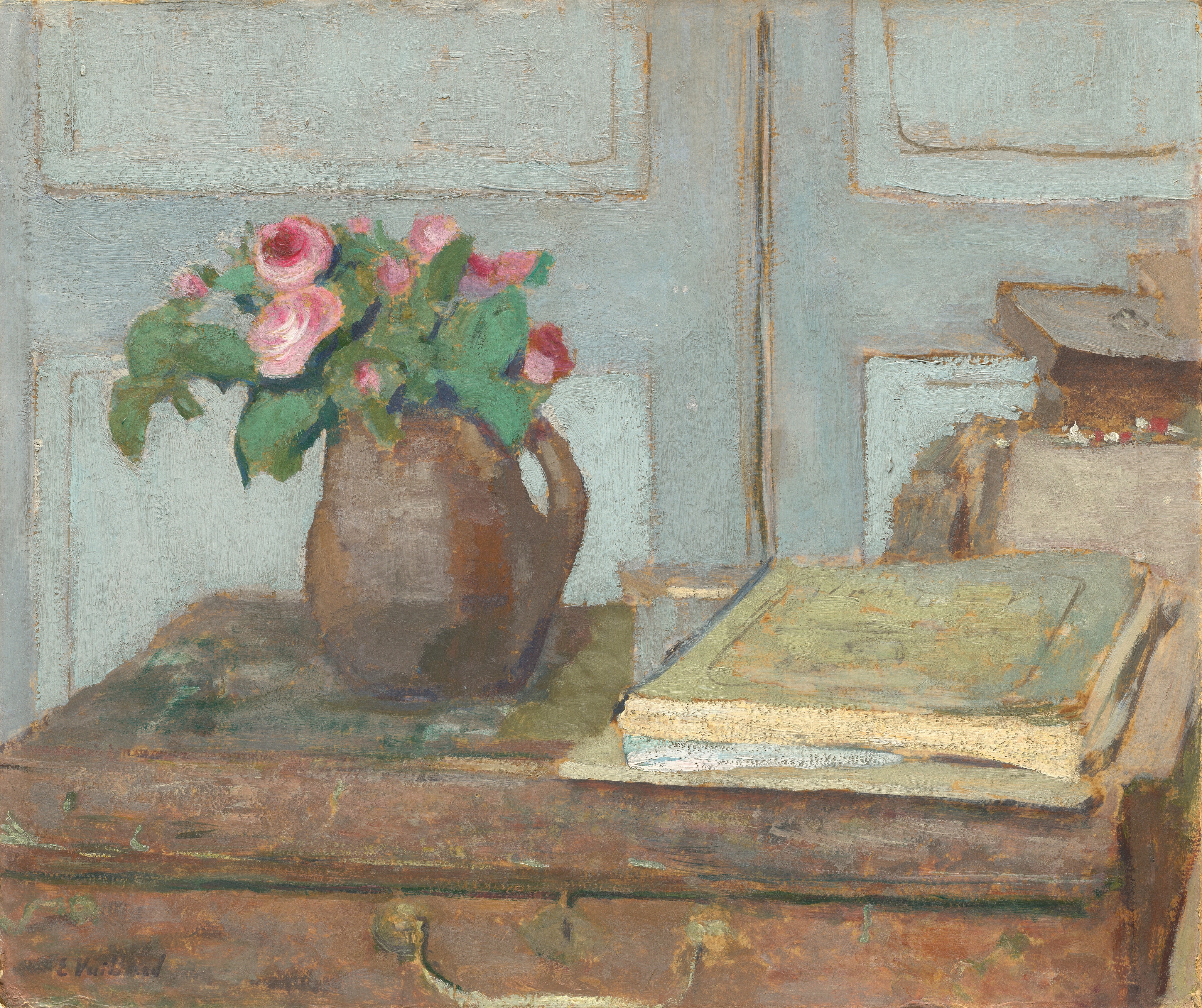 《画家的颜料盒和苔藓玫瑰》