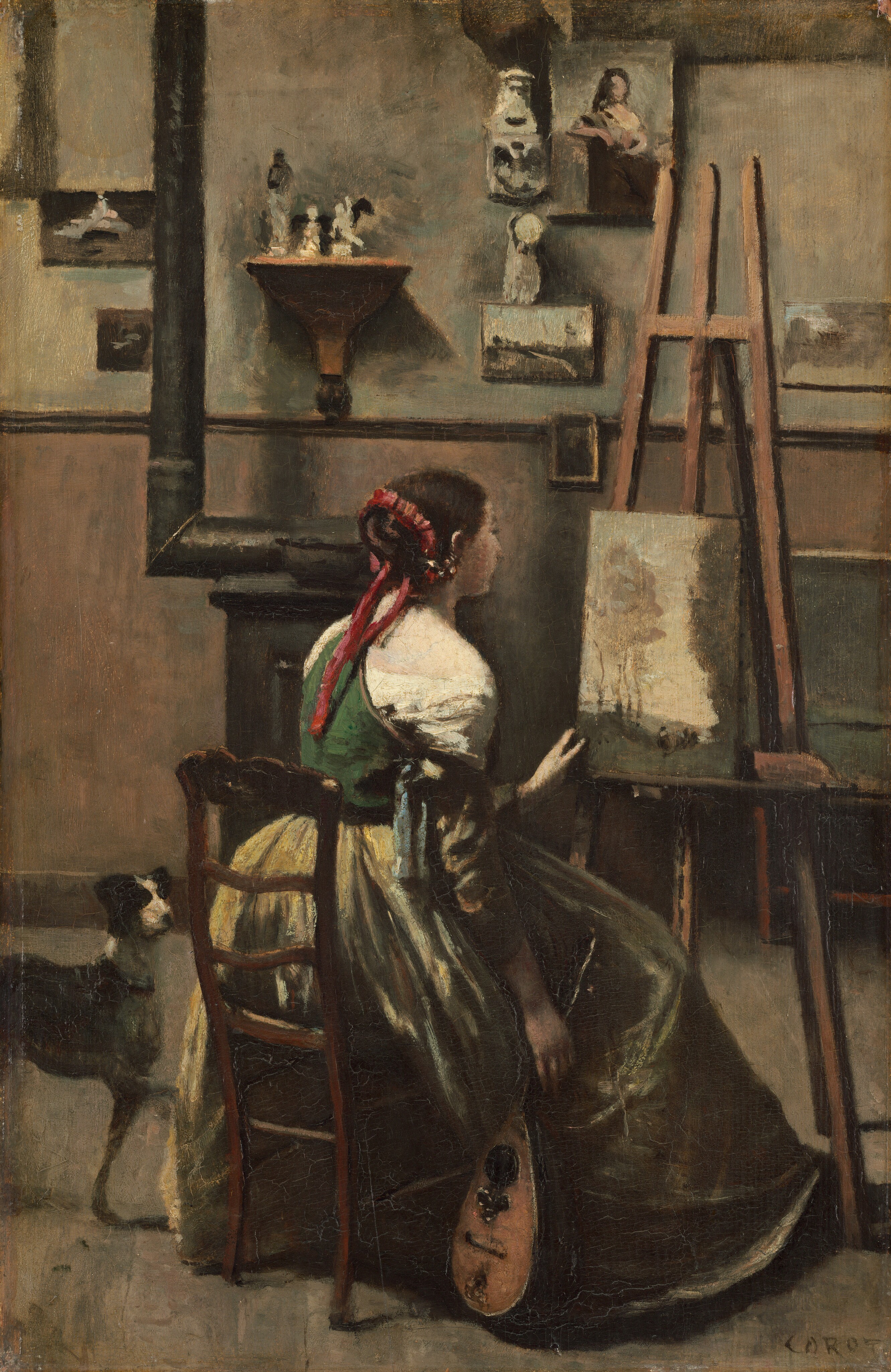 《柯罗的画室：女人坐在画架前，手里拿着曼陀林》