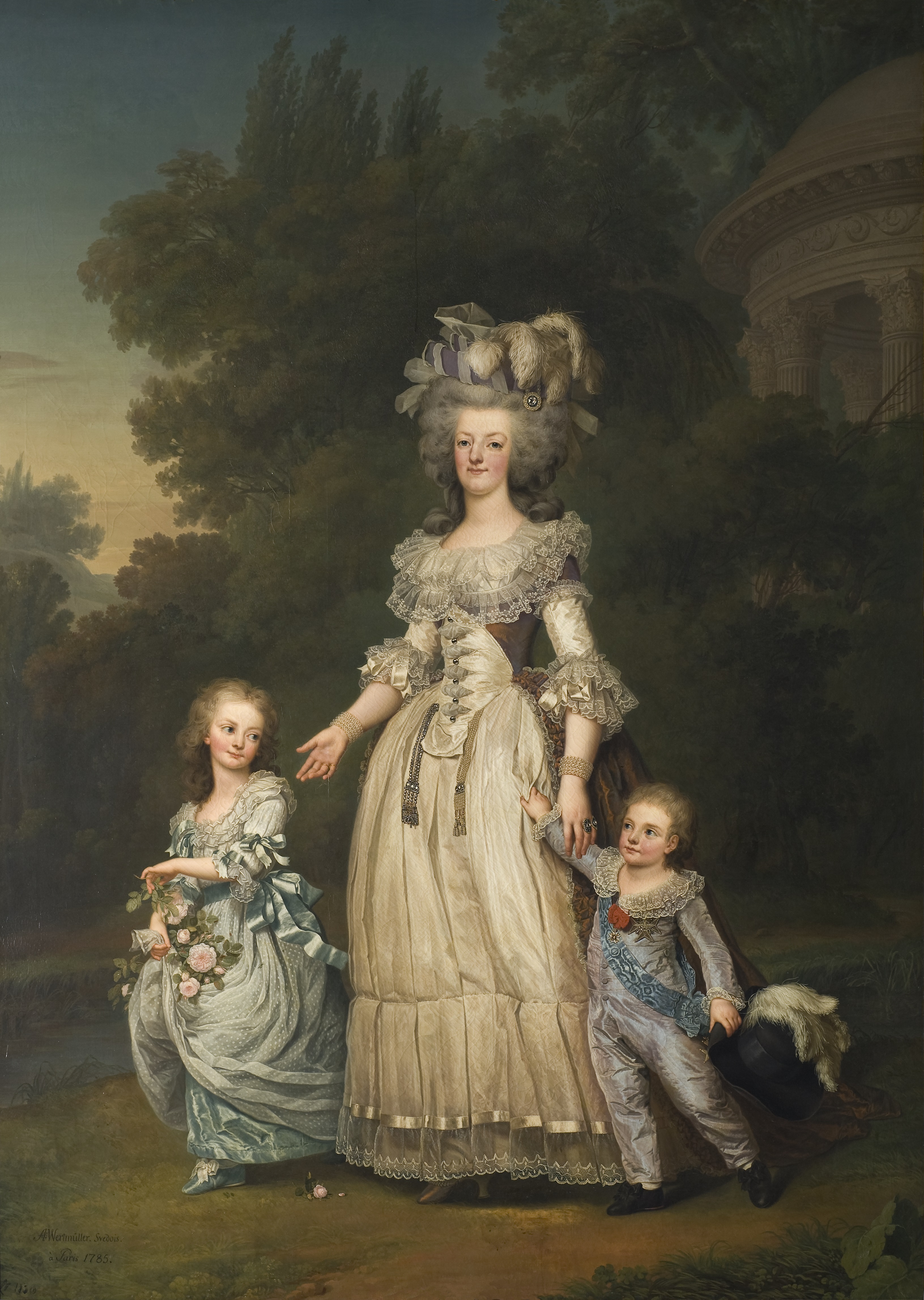 《法国王后玛丽·安托瓦内特和她的两个孩子在特里亚农公园散步》