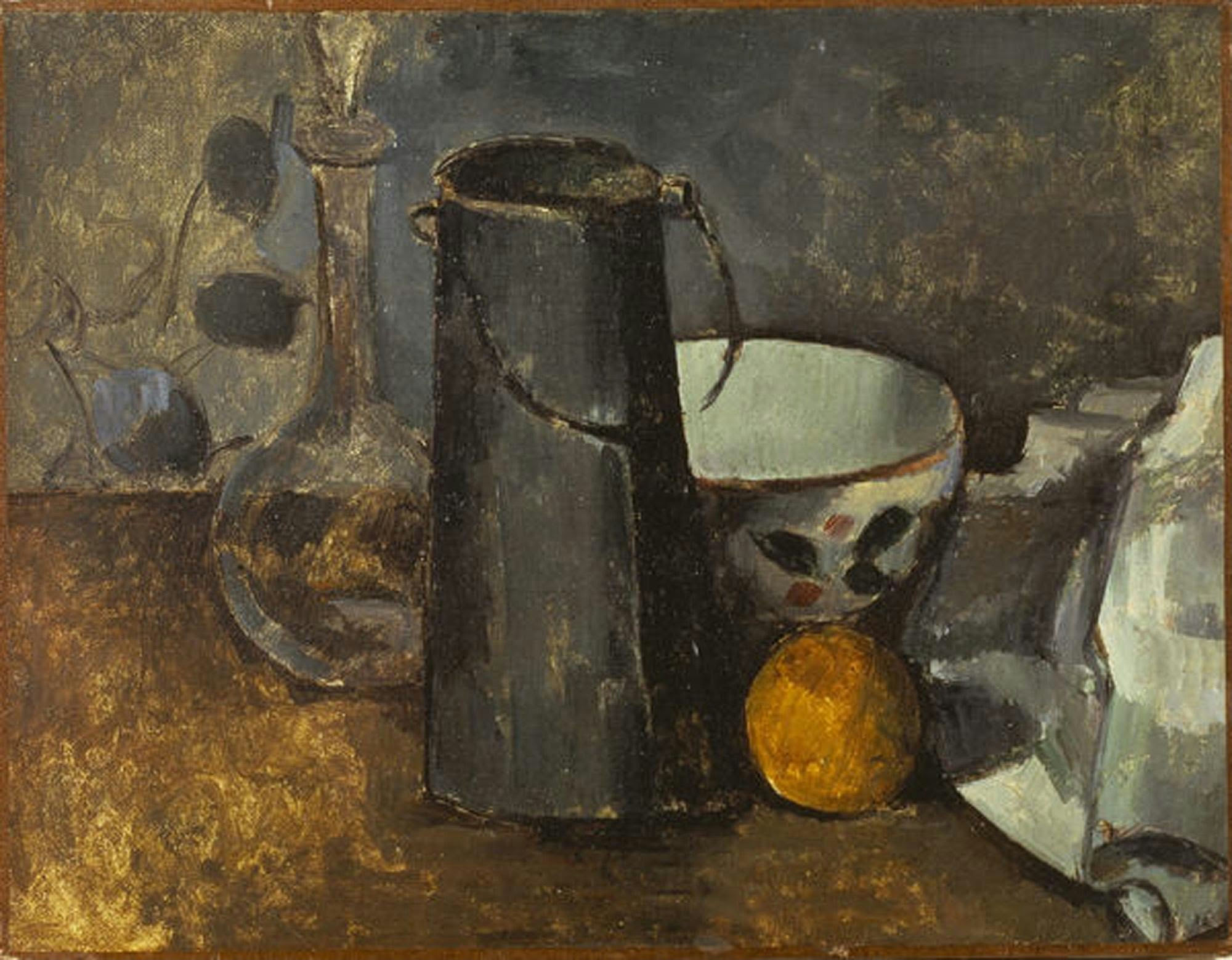 《玻璃水瓶、牛奶罐、碗和橘子的静物画》