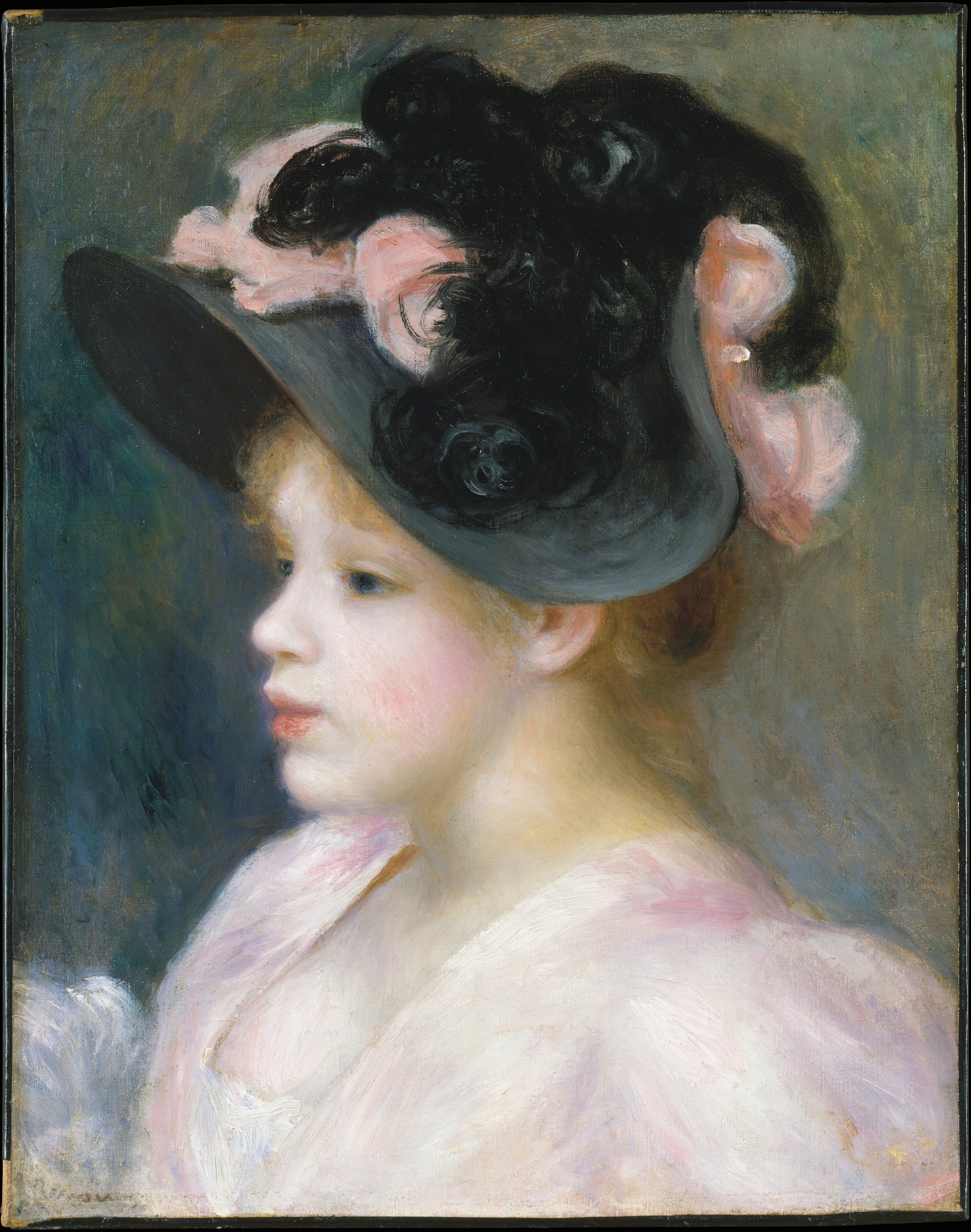 《戴粉红及黑色帽的年轻女孩》