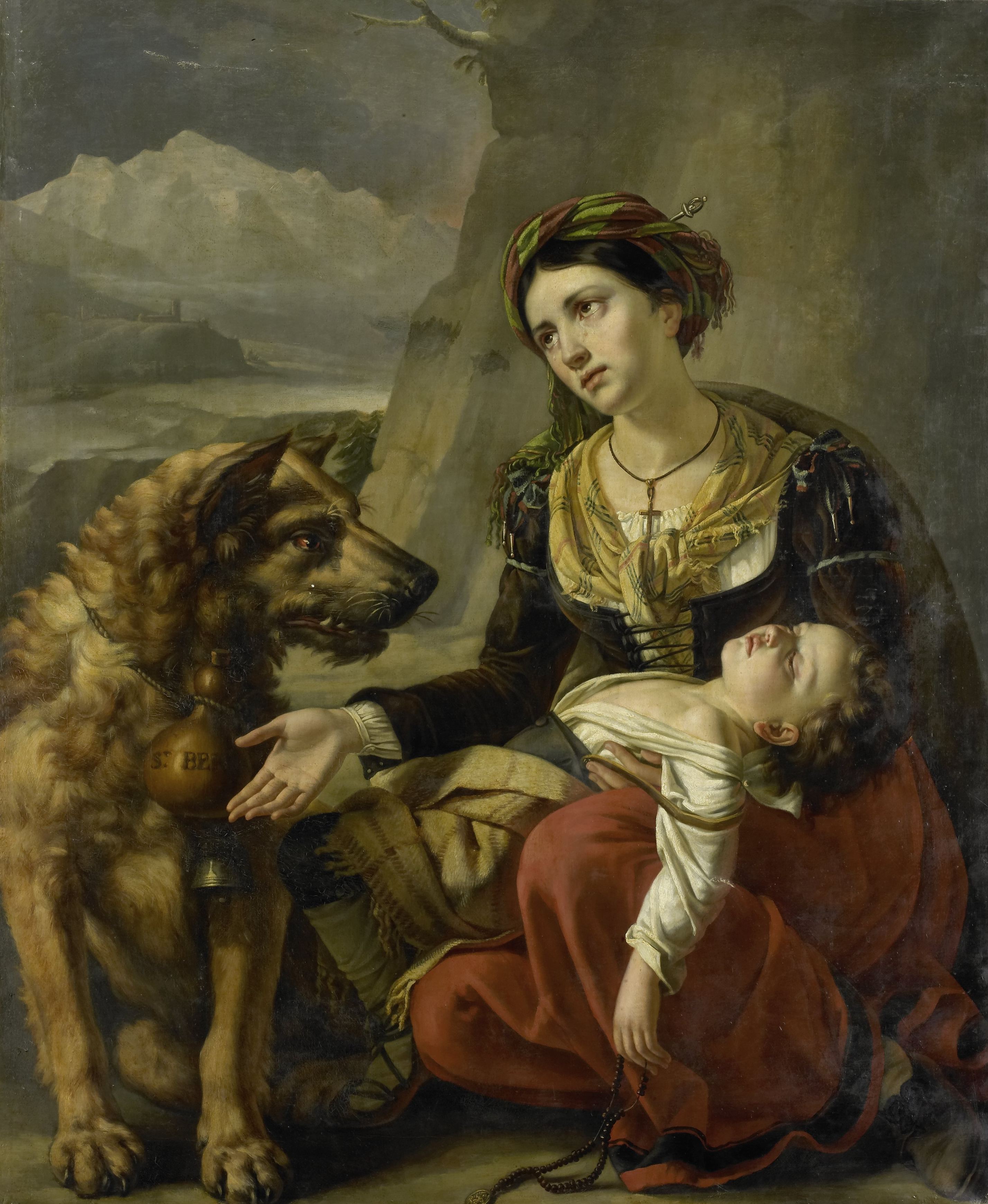 《一只圣伯纳德狗前来救助带着生病孩子的迷路女人》