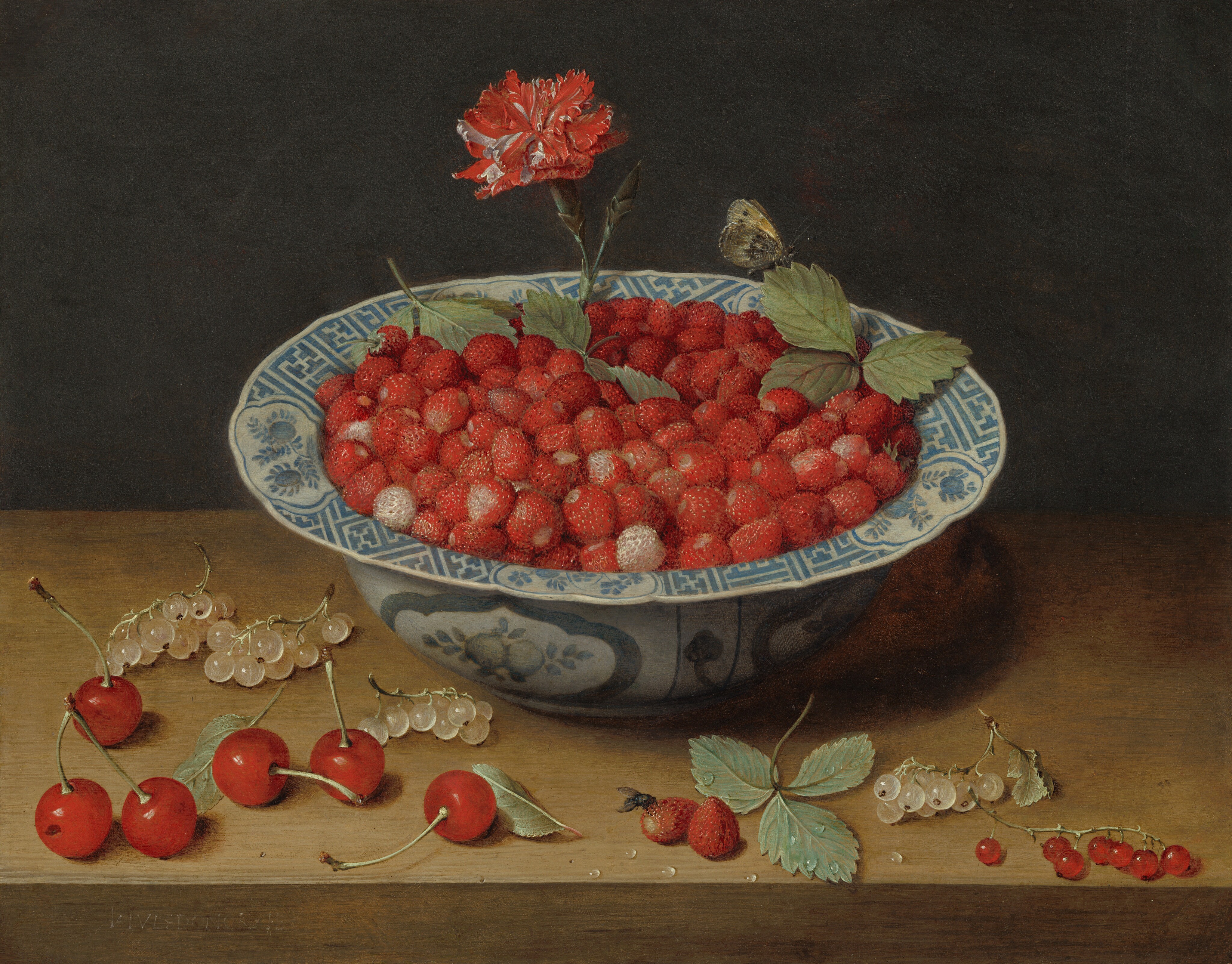 《万历瓷碗中的野草莓和康乃馨》