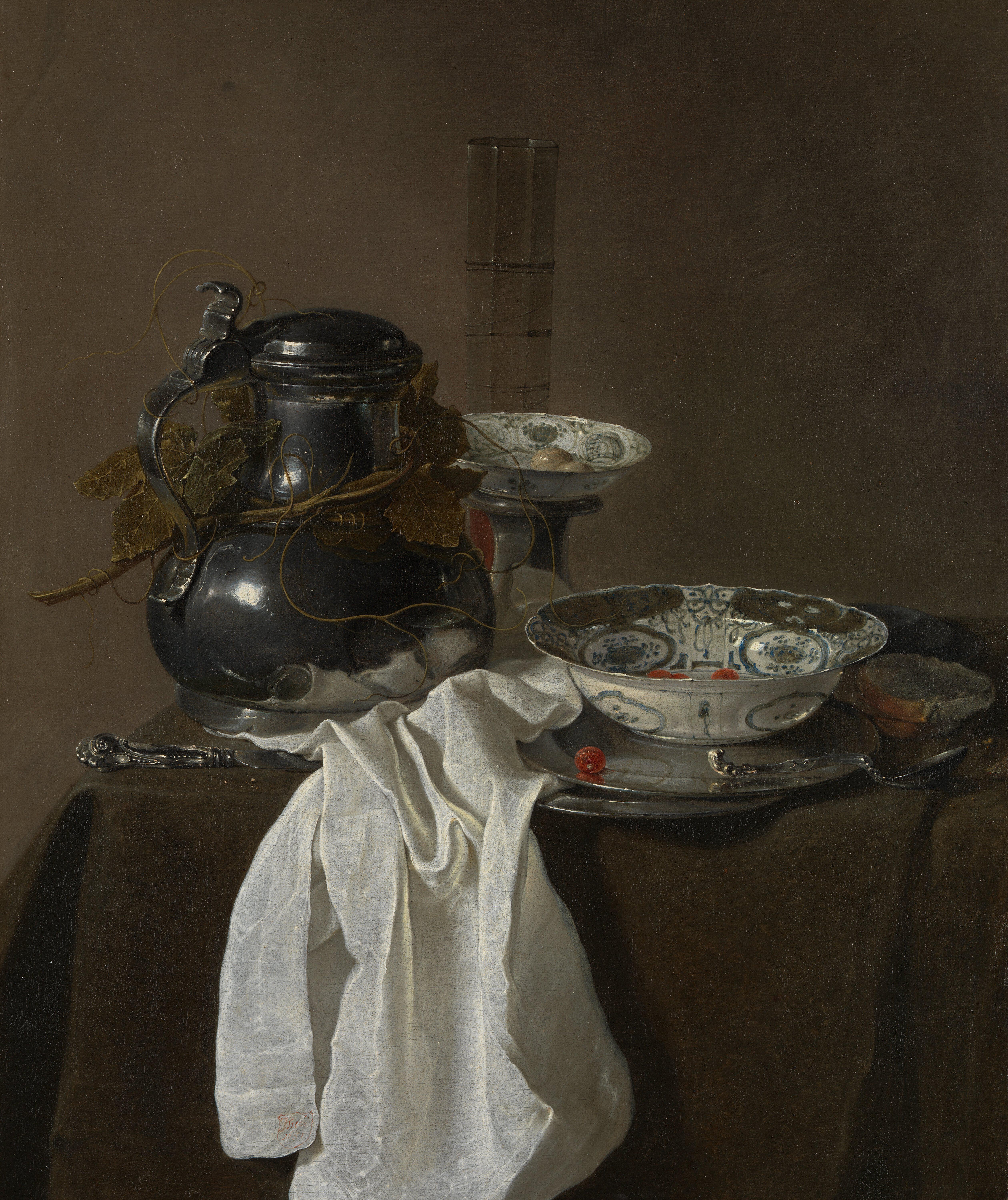 《有锡壶和两个明代瓷碗的静物画》