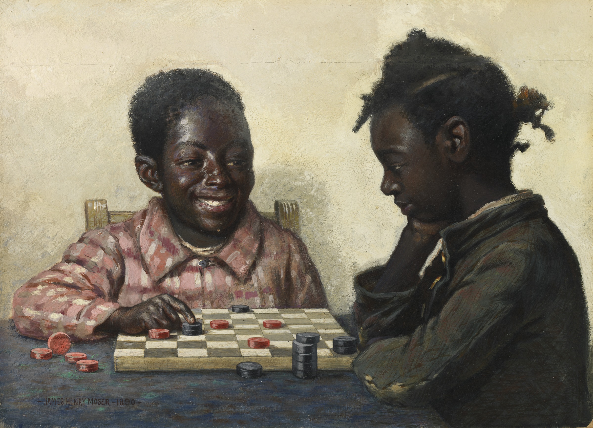 《玩跳棋的俩孩子》