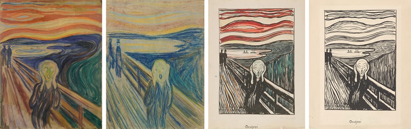 蒙克博物馆 8 个版本的《呐喊》中的 4 个：一幅画在未涂底漆的硬纸板上的蛋彩画和油画，可能是 1910 年的，一幅 1893 年的蜡笔素描版和 1895 年博物馆的 6 幅石版画中的 2 幅。