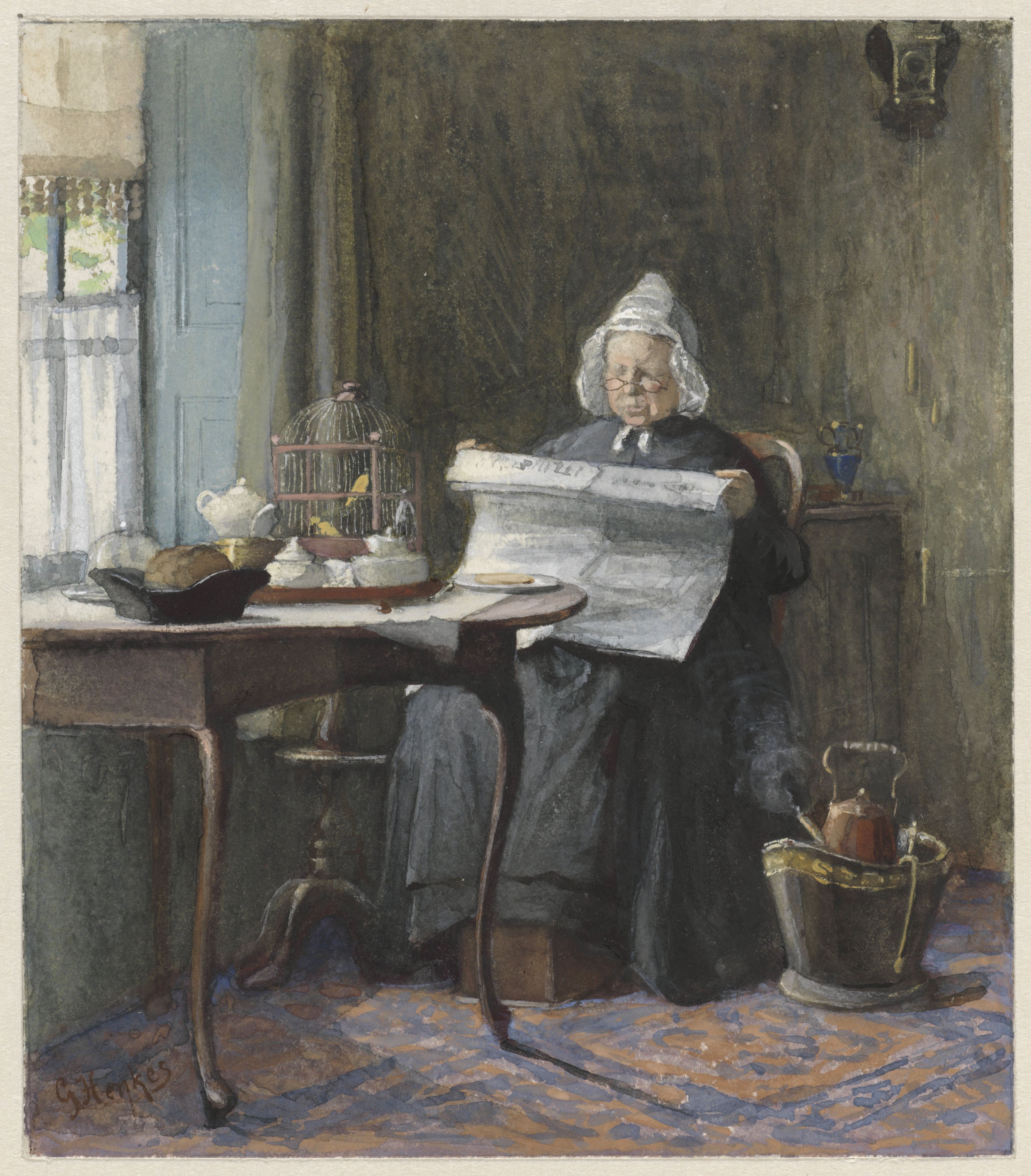 《屋里一位妇女在看报纸》