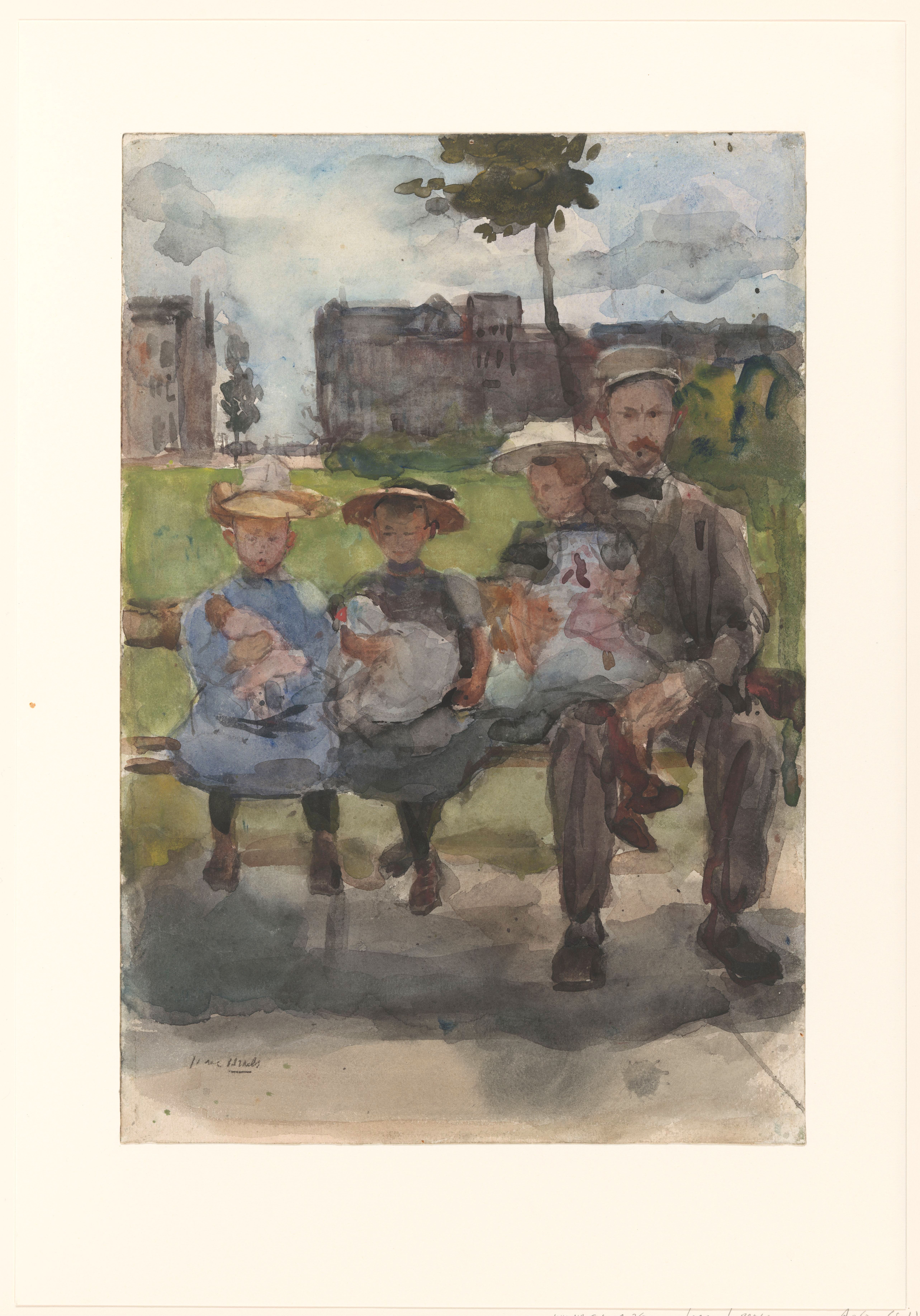 《阿姆斯特丹奥斯特公园，一个男人和三个女孩坐在长凳上》
